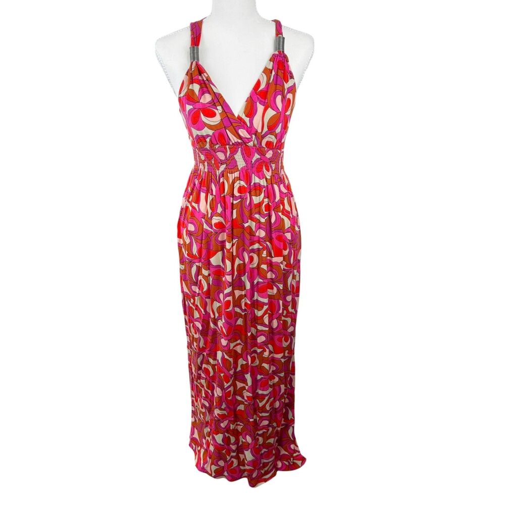 Lascana Venus Maxi Dress Women Small Pink Orange Retro Floral Sleeveless Casual